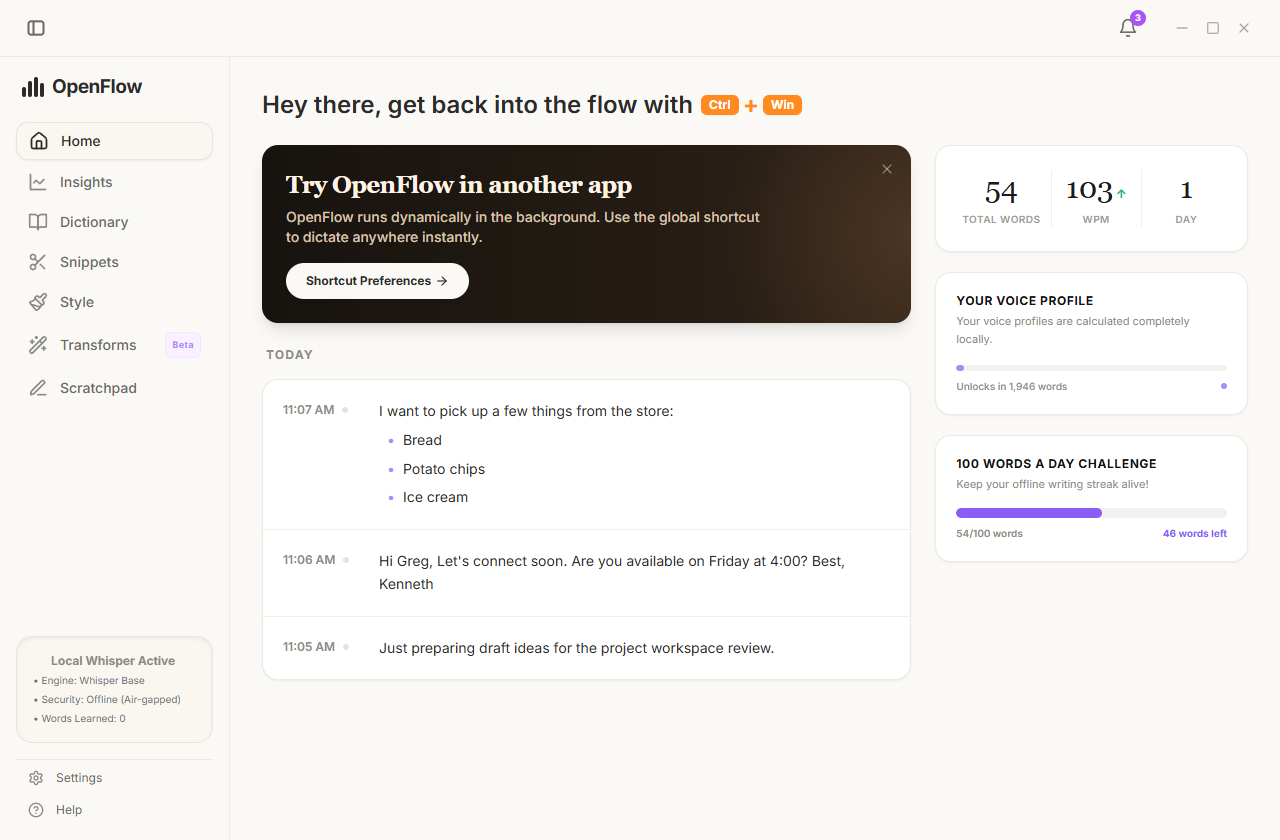 OpenFlow app interface showing voice dictation in action